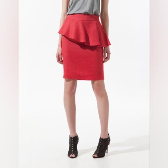 Zara Linen Beach Vacation Coastal Ruffle Frill Pencil Red Orange Skirt XS - Picture 1 of 9